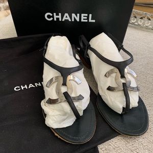 CHANEL Black Thong CC Sandals